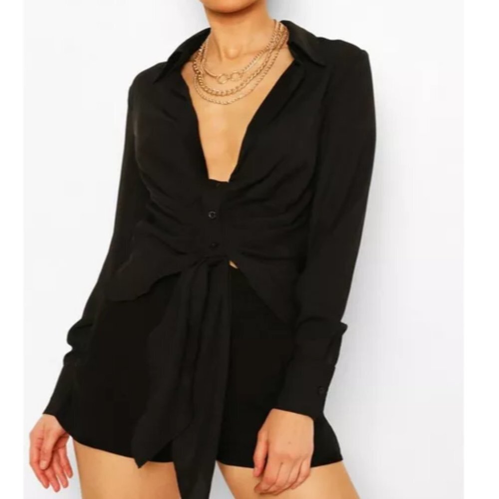 boohoo Black Woven Tie Front plunge neck cropped Shirt size 2 - Picture 6 of 15